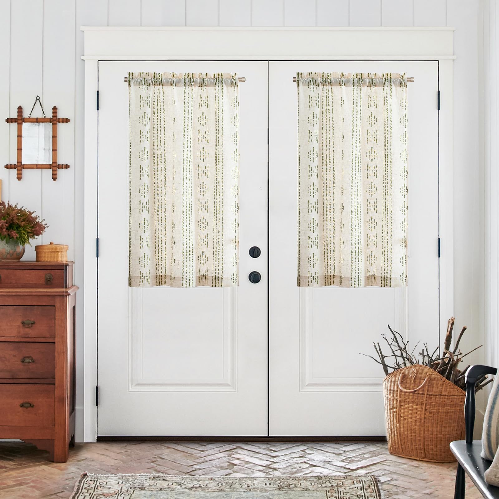 Jinchan Boho Kitchen Curtains Linen Tier Curtains 45 Inches Bohemian Small Cafe Curtains Striped Farmhouse Rustic Curtains For Bathroom Rv Camper Light Filtering Rod Pocket 2 Panels Green On Beige